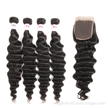 High Quality Peruvian Body Loose Deep Kinky Curly Wave Natural Wavy Pure Virgin Remy Hair Bundles With Closure